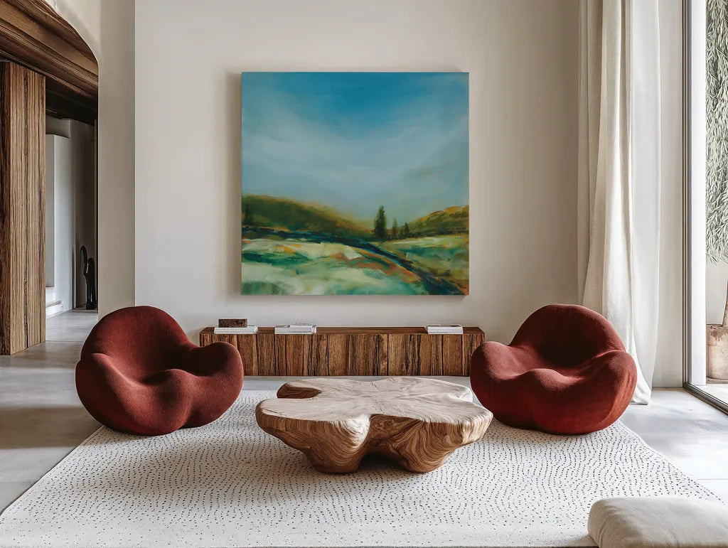 Turn of Season by Sue Schlabach. Shown as extra-large giant wall art in a modern living room. Available as an archival giclee rolled canvas, fine art paper, or poster print. SKU 82704a.