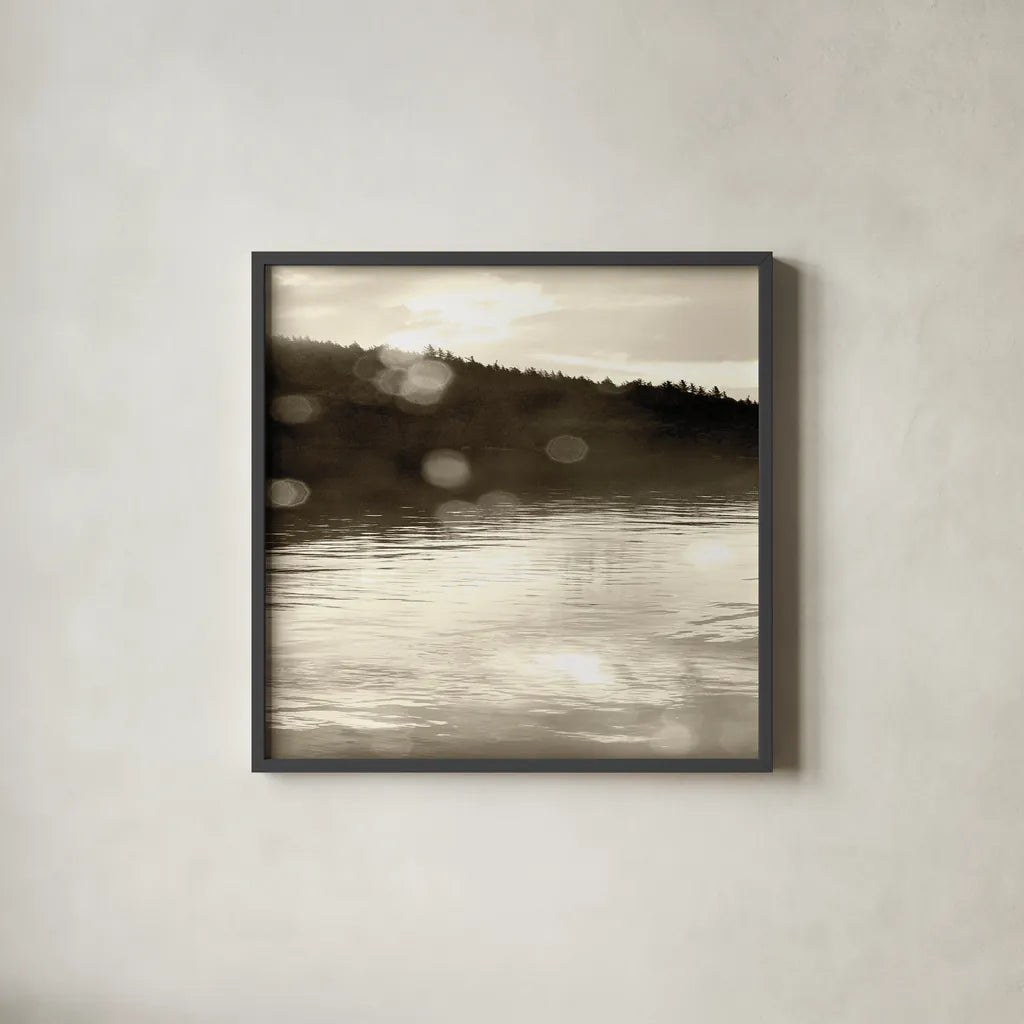 Twilight Dock I Sepia by Sue Schlabach. Shown in a sleek black glass frame for a contemporary gallery look. Available as an archival giclee rolled canvas, fine art paper, or poster print. SKU 11290a.