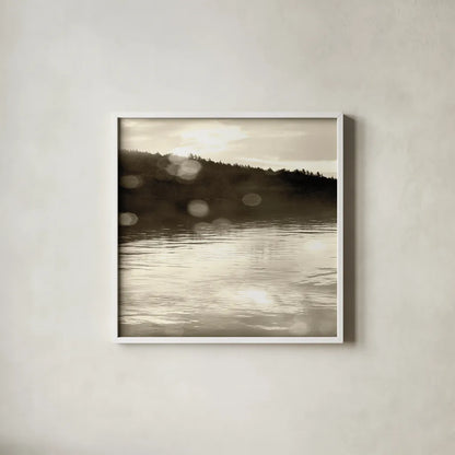Twilight Dock I Sepia by Sue Schlabach. Shown in a crisp white glass frame for a clean and minimalist style. Available as an archival giclee rolled canvas, fine art paper, or poster print. SKU 11290a.