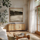 Twilight Dock I Sepia by Sue Schlabach. Shown in a natural wood frame in a cozy modern living room. Available as an archival giclee rolled canvas, fine art paper, or poster print. SKU 11290a.