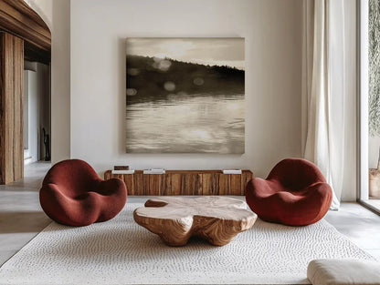 Twilight Dock I Sepia by Sue Schlabach. Shown as extra-large giant wall art in a modern living room. Available as an archival giclee rolled canvas, fine art paper, or poster print. SKU 11290a.