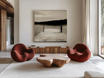 Twilight Dock III Sepia by Sue Schlabach. Shown as extra-large giant wall art in a modern living room. Available as an archival giclee rolled canvas, fine art paper, or poster print. SKU 11292a.