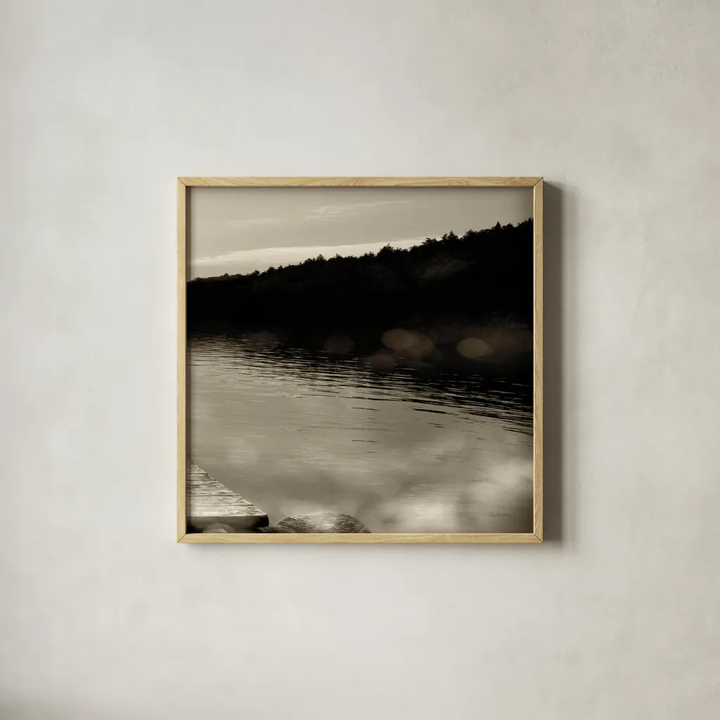 Twilight Dock IV Sepia by Sue Schlabach. Shown in a natural wood glass frame for a timeless modern aesthetic. Available as an archival giclee rolled canvas, fine art paper, or poster print. SKU 11293a.