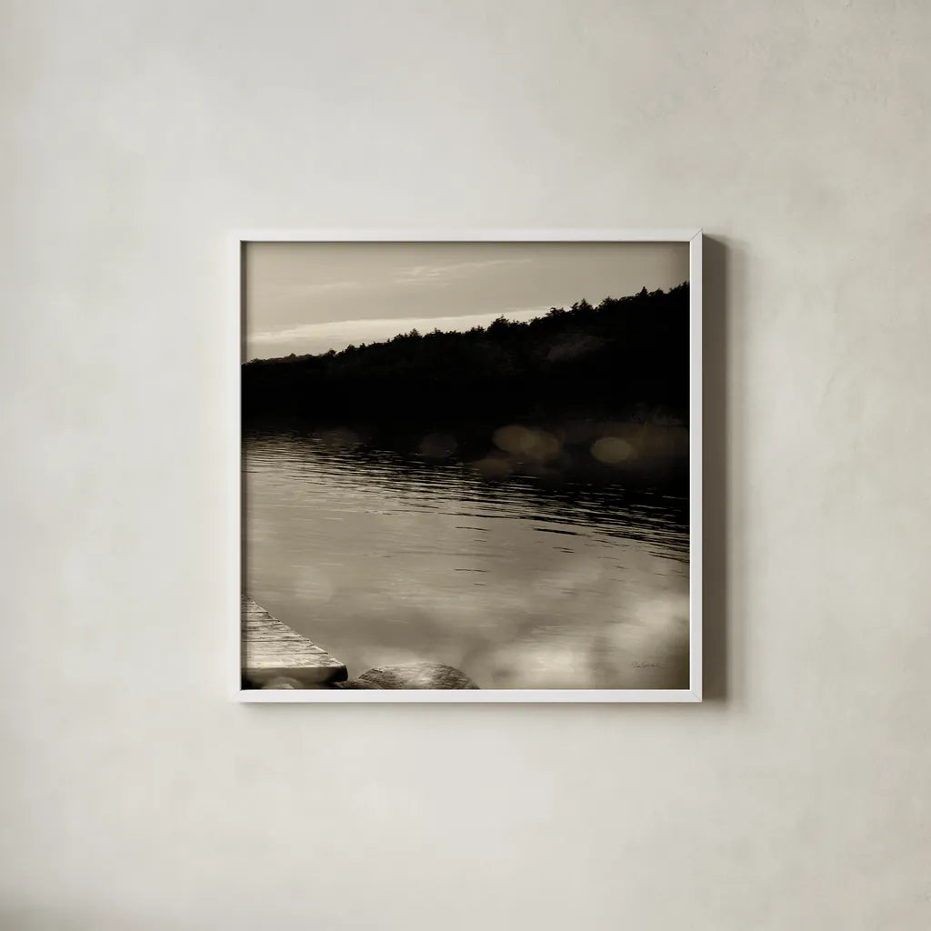 Twilight Dock IV Sepia by Sue Schlabach. Shown in a crisp white glass frame for a clean and minimalist style. Available as an archival giclee rolled canvas, fine art paper, or poster print. SKU 11293a.