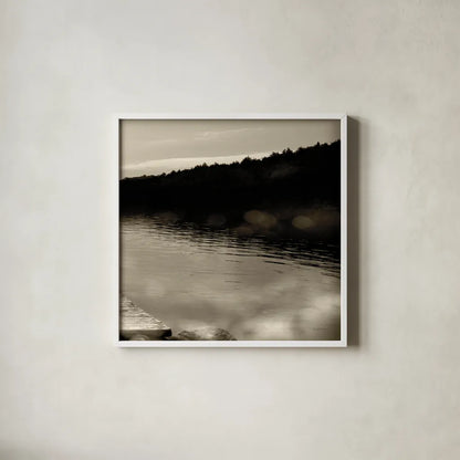 Twilight Dock IV Sepia by Sue Schlabach. Shown in a crisp white glass frame for a clean and minimalist style. Available as an archival giclee rolled canvas, fine art paper, or poster print. SKU 11293a.