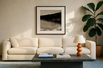 Twilight Dock IV Sepia by Sue Schlabach. Displayed in a glass frame with matte in a clean modern living room. Available as an archival giclee rolled canvas, fine art paper, or poster print. SKU 11293a.