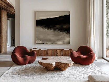 Twilight Dock IV Sepia by Sue Schlabach. Shown as extra-large giant wall art in a modern living room. Available as an archival giclee rolled canvas, fine art paper, or poster print. SKU 11293a.
