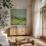 Upper Fields by Sue Schlabach. Shown in a natural wood frame in a cozy modern living room. Available as an archival giclee rolled canvas, fine art paper, or poster print. SKU 35508a.