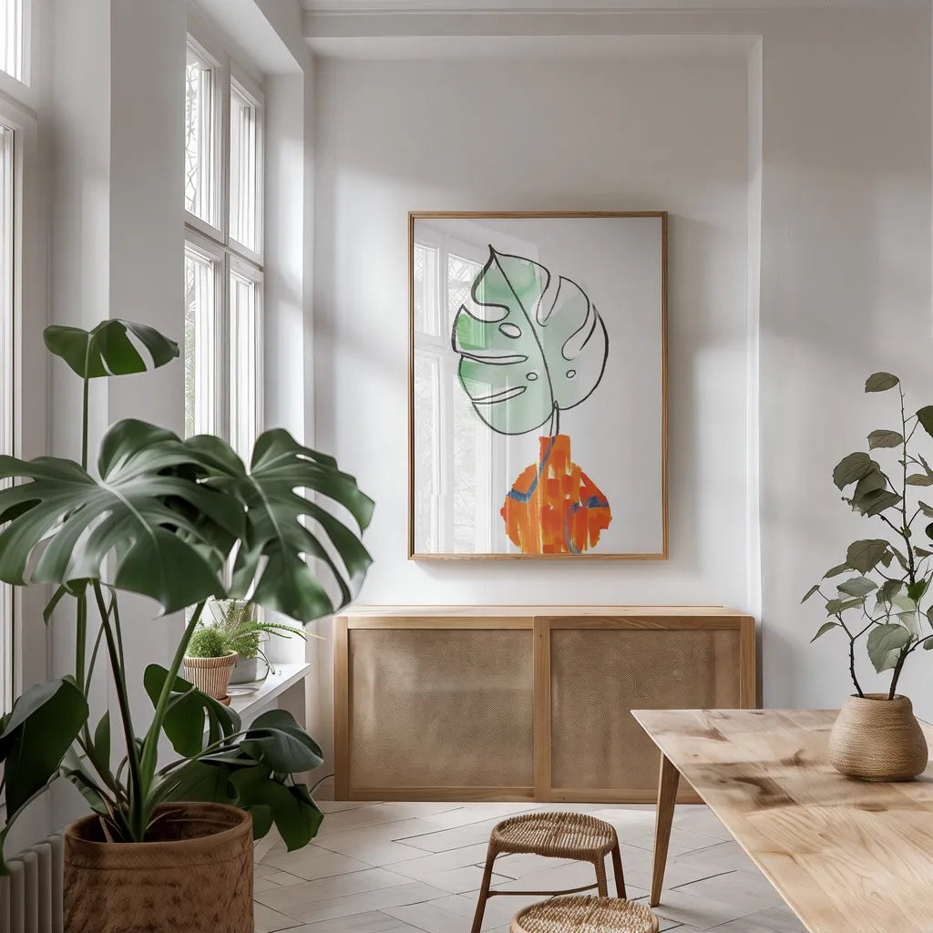 Vase Phase I by Sue Schlabach. shown as a print in a natural wood frame in a dining room. Available as a archival giclee rolled canvas, fine art paper, or poster print. SKU 65383h.