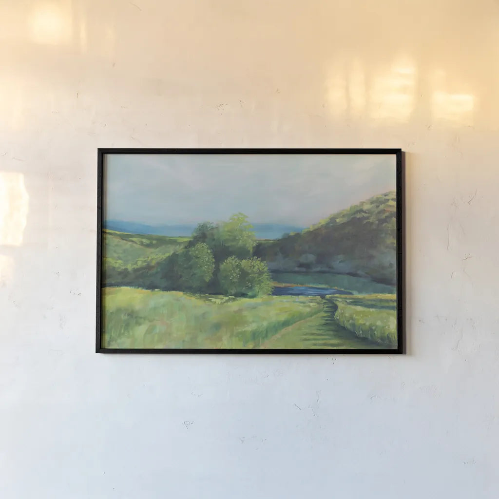 View of the Valley by Sue Schlabach. shown as a paper print in a black flame. Available as a archival giclee rolled canvas, fine art paper, or poster print. SKU 84230i.