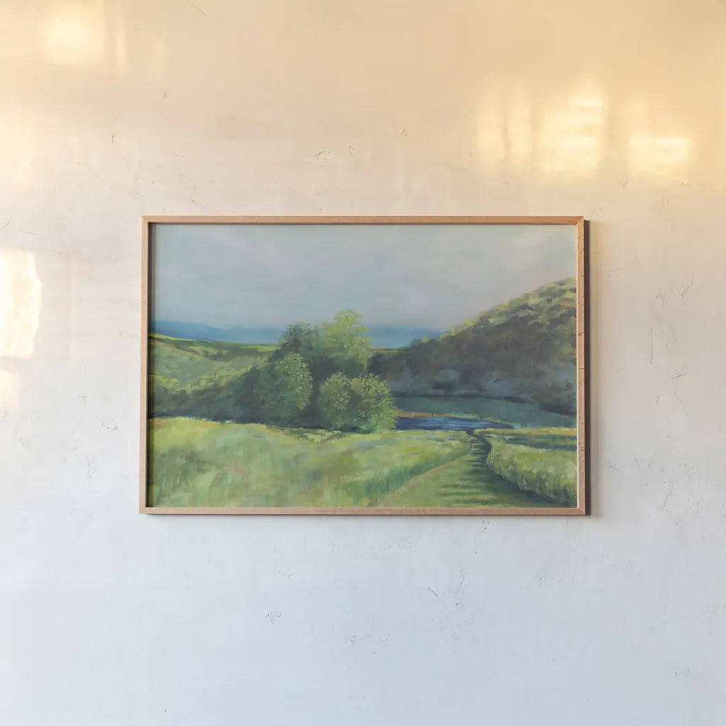 View of the Valley by Sue Schlabach. shown as a paper print in a natural frame. Available as a archival giclee rolled canvas, fine art paper, or poster print. SKU 84230i.