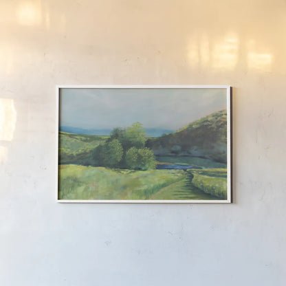 View of the Valley by Sue Schlabach. shown as a paper print in a white frame. Available as a archival giclee rolled canvas, fine art paper, or poster print. SKU 84230i.