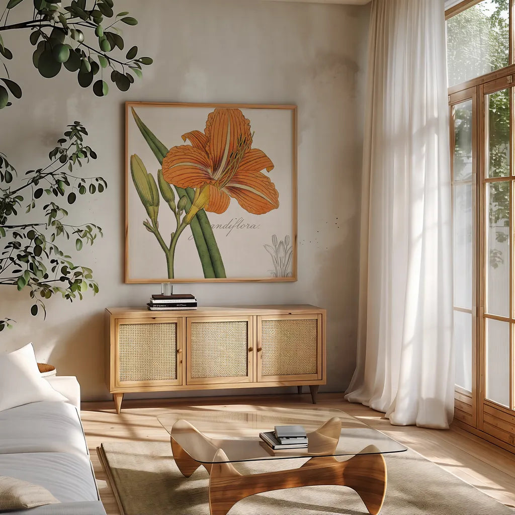 Vintage Flora Day Lily by Sue Schlabach. Shown in a natural wood frame in a cozy modern living room. Available as an archival giclee rolled canvas, fine art paper, or poster print. SKU 44825a.