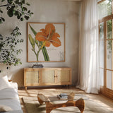 Vintage Flora Day Lily by Sue Schlabach. Shown in a natural wood frame in a cozy modern living room. Available as an archival giclee rolled canvas, fine art paper, or poster print. SKU 44825a.