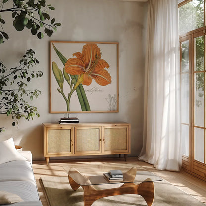 Vintage Flora Day Lily by Sue Schlabach. Shown in a natural wood frame in a cozy modern living room. Available as an archival giclee rolled canvas, fine art paper, or poster print. SKU 44825a.