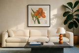 Vintage Flora Day Lily by Sue Schlabach. Displayed in a glass frame with matte in a clean modern living room. Available as an archival giclee rolled canvas, fine art paper, or poster print. SKU 44825a.