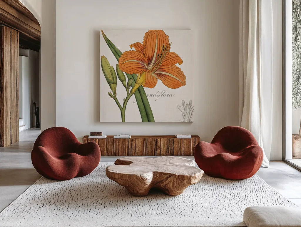 Vintage Flora Day Lily by Sue Schlabach. Shown as extra-large giant wall art in a modern living room. Available as an archival giclee rolled canvas, fine art paper, or poster print. SKU 44825a.