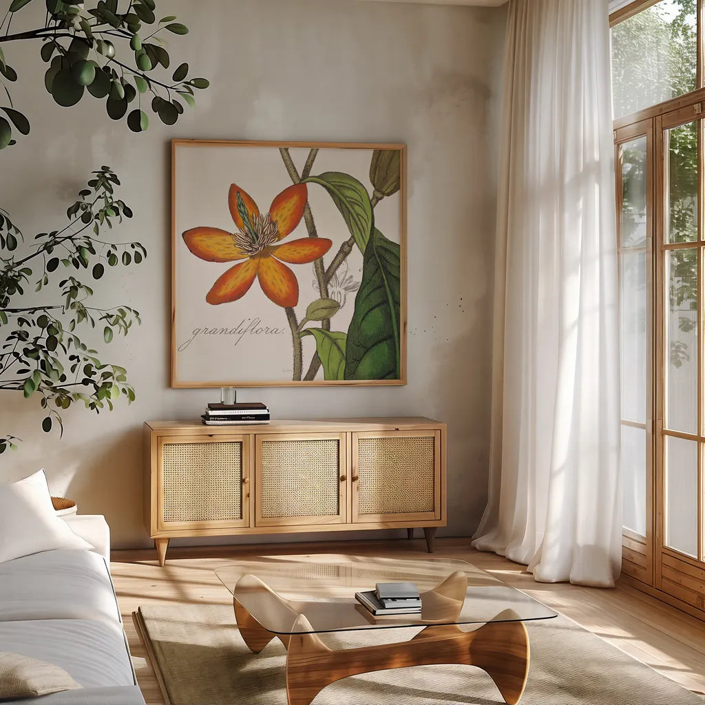 Vintage Flora Magnolia by Sue Schlabach. Shown in a natural wood frame in a cozy modern living room. Available as an archival giclee rolled canvas, fine art paper, or poster print. SKU 44824a.