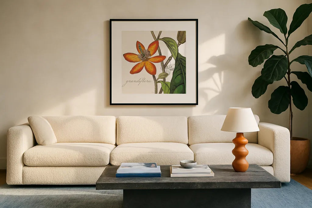 Vintage Flora Magnolia by Sue Schlabach. Displayed in a glass frame with matte in a clean modern living room. Available as an archival giclee rolled canvas, fine art paper, or poster print. SKU 44824a.