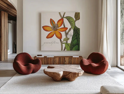 Vintage Flora Magnolia by Sue Schlabach. Shown as extra-large giant wall art in a modern living room. Available as an archival giclee rolled canvas, fine art paper, or poster print. SKU 44824a.