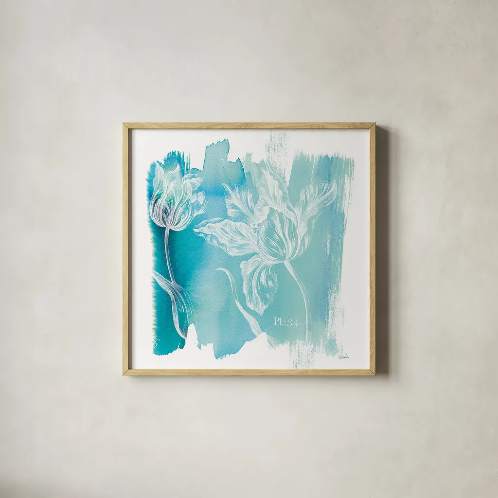 Water Wash I by Sue Schlabach. Shown in a natural wood glass frame for a timeless modern aesthetic. Available as an archival giclee rolled canvas, fine art paper, or poster print. SKU 20842a.