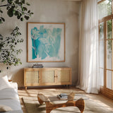 Water Wash I by Sue Schlabach. Shown in a natural wood frame in a cozy modern living room. Available as an archival giclee rolled canvas, fine art paper, or poster print. SKU 20842a.