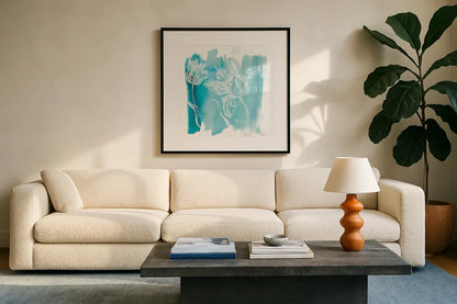 Water Wash I by Sue Schlabach. Displayed in a glass frame with matte in a clean modern living room. Available as an archival giclee rolled canvas, fine art paper, or poster print. SKU 20842a.
