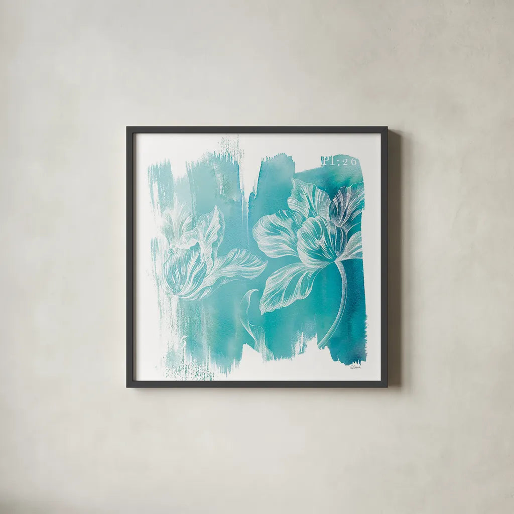 Water Wash II by Sue Schlabach. Shown in a sleek black glass frame for a contemporary gallery look. Available as an archival giclee rolled canvas, fine art paper, or poster print. SKU 20843a.