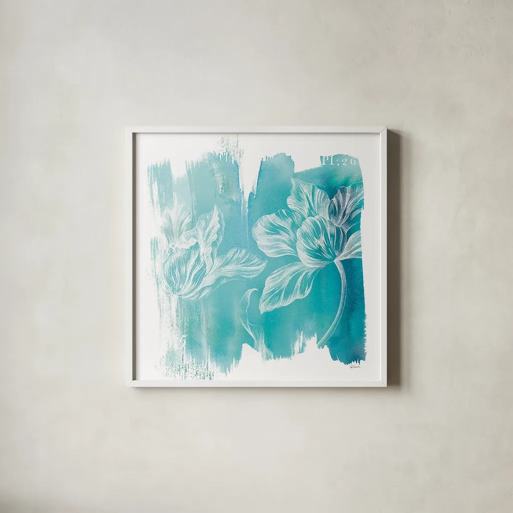 Water Wash II by Sue Schlabach. Shown in a crisp white glass frame for a clean and minimalist style. Available as an archival giclee rolled canvas, fine art paper, or poster print. SKU 20843a.