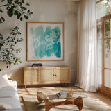 Water Wash II by Sue Schlabach. Shown in a natural wood frame in a cozy modern living room. Available as an archival giclee rolled canvas, fine art paper, or poster print. SKU 20843a.