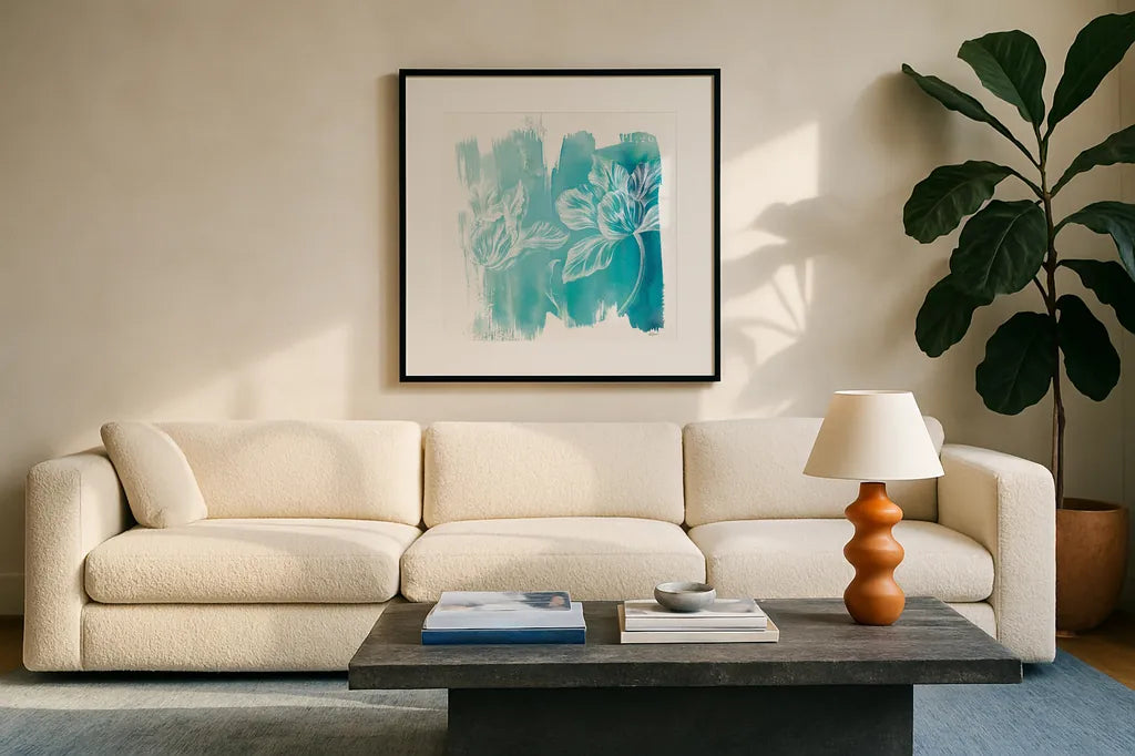 Water Wash II by Sue Schlabach. Displayed in a glass frame with matte in a clean modern living room. Available as an archival giclee rolled canvas, fine art paper, or poster print. SKU 20843a.