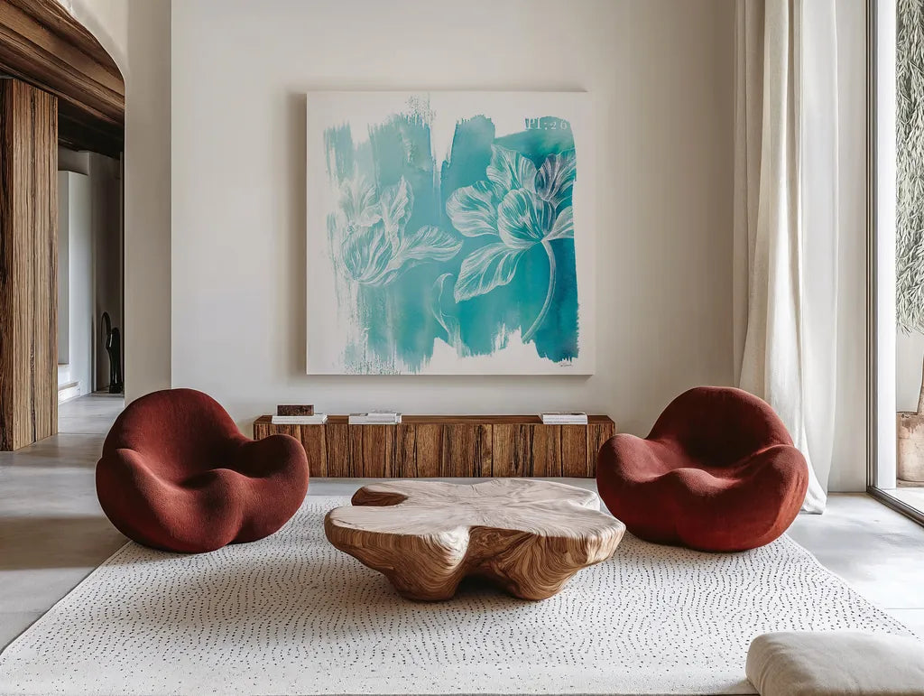 Water Wash II by Sue Schlabach. Shown as extra-large giant wall art in a modern living room. Available as an archival giclee rolled canvas, fine art paper, or poster print. SKU 20843a.