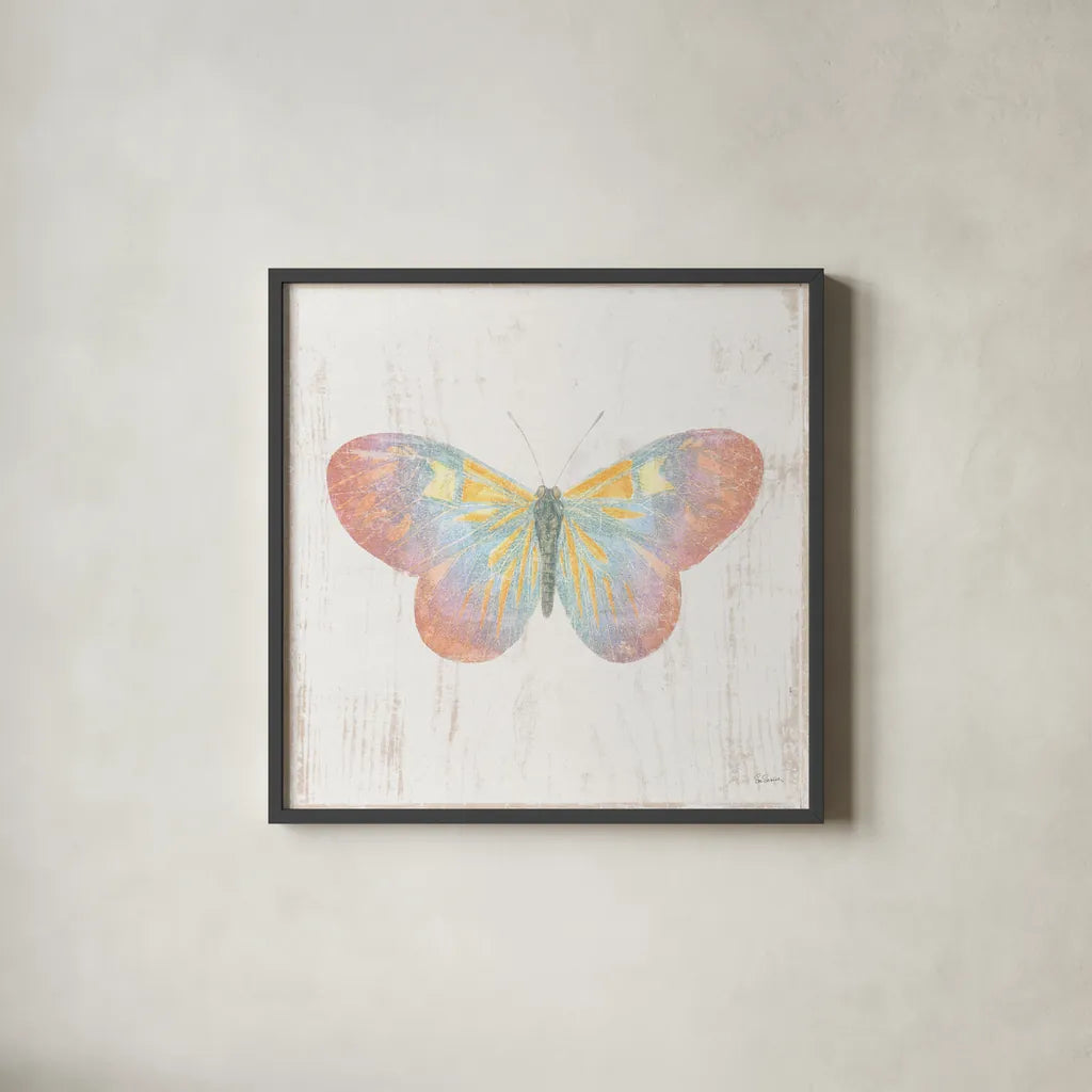 White Barn Butterflies I by Sue Schlabach. Shown in a sleek black glass frame for a contemporary gallery look. Available as an archival giclee rolled canvas, fine art paper, or poster print. SKU 31770a.