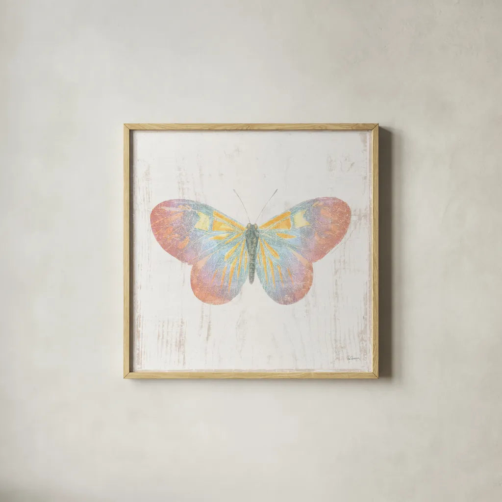 White Barn Butterflies I by Sue Schlabach. Shown in a natural wood glass frame for a timeless modern aesthetic. Available as an archival giclee rolled canvas, fine art paper, or poster print. SKU 31770a.