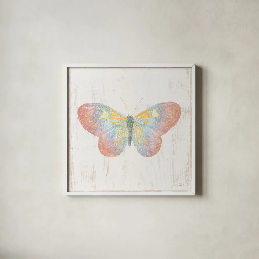 White Barn Butterflies I by Sue Schlabach. Shown in a crisp white glass frame for a clean and minimalist style. Available as an archival giclee rolled canvas, fine art paper, or poster print. SKU 31770a.