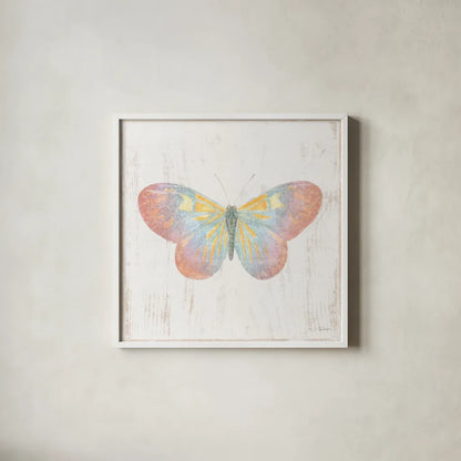 White Barn Butterflies I by Sue Schlabach. Shown in a crisp white glass frame for a clean and minimalist style. Available as an archival giclee rolled canvas, fine art paper, or poster print. SKU 31770a.