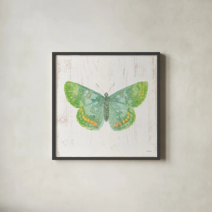 White Barn Butterflies II by Sue Schlabach. Shown in a sleek black glass frame for a contemporary gallery look. Available as an archival giclee rolled canvas, fine art paper, or poster print. SKU 31771a.