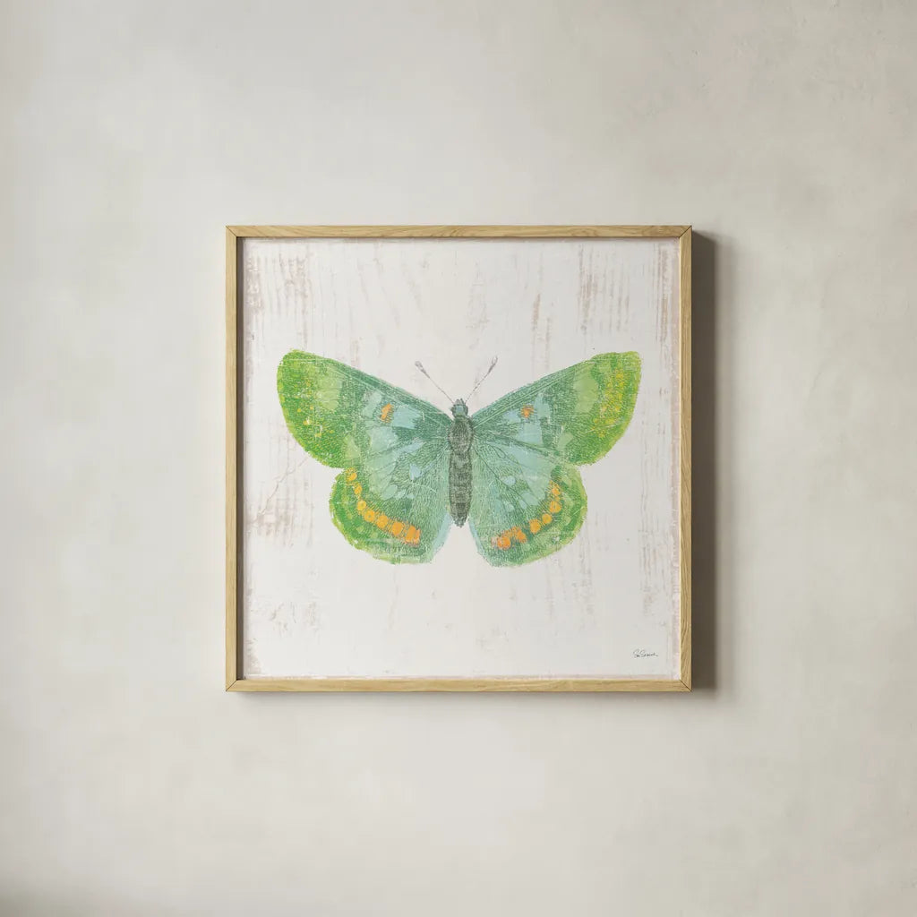 White Barn Butterflies II by Sue Schlabach. Shown in a natural wood glass frame for a timeless modern aesthetic. Available as an archival giclee rolled canvas, fine art paper, or poster print. SKU 31771a.