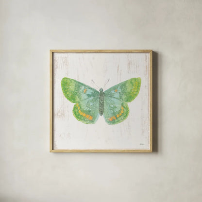 White Barn Butterflies II by Sue Schlabach. Shown in a natural wood glass frame for a timeless modern aesthetic. Available as an archival giclee rolled canvas, fine art paper, or poster print. SKU 31771a.