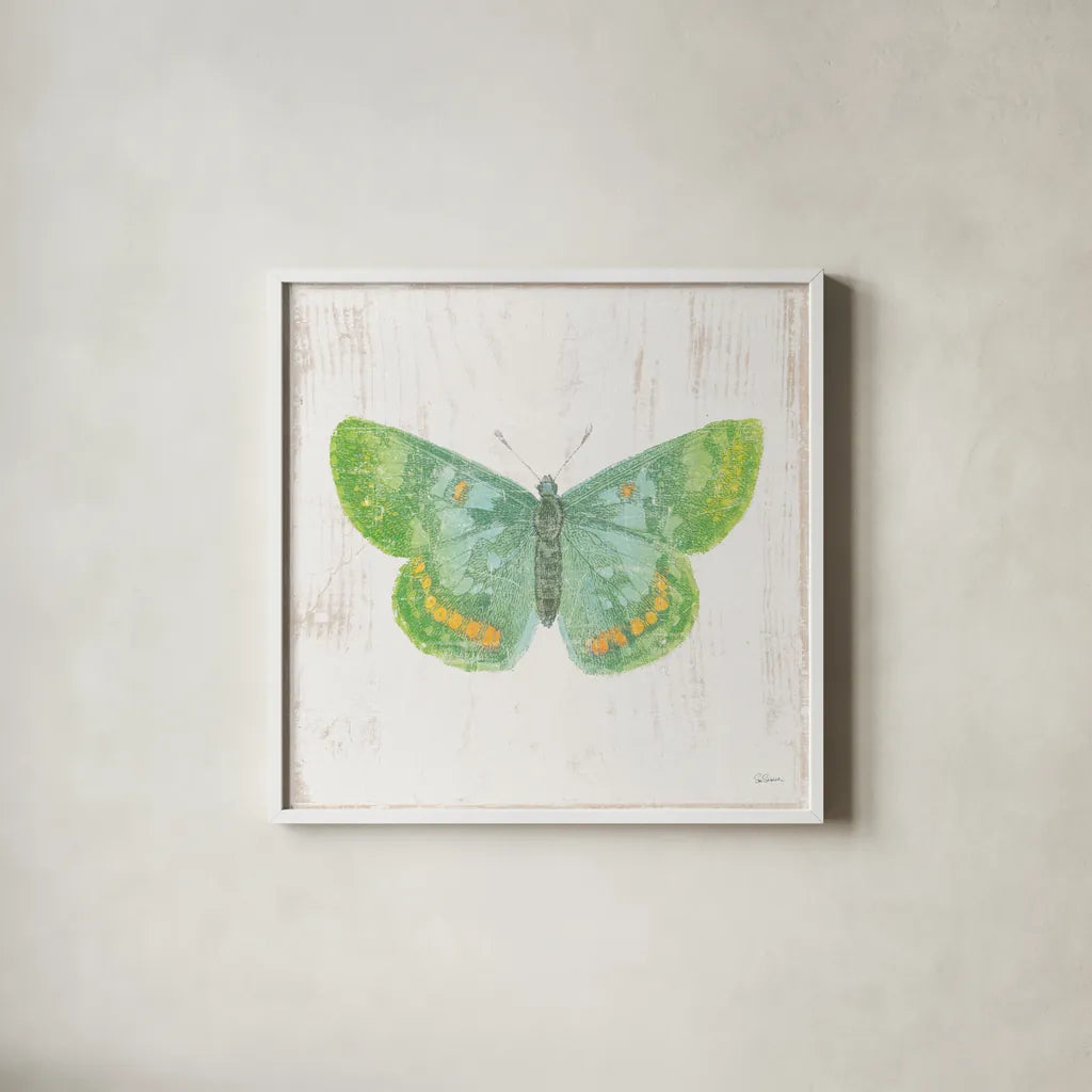 White Barn Butterflies II by Sue Schlabach. Shown in a crisp white glass frame for a clean and minimalist style. Available as an archival giclee rolled canvas, fine art paper, or poster print. SKU 31771a.