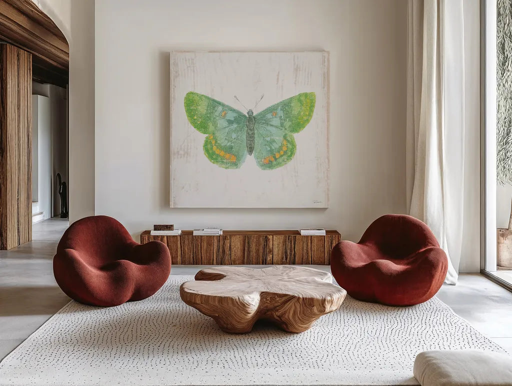 White Barn Butterflies II by Sue Schlabach. Shown as extra-large giant wall art in a modern living room. Available as an archival giclee rolled canvas, fine art paper, or poster print. SKU 31771a.