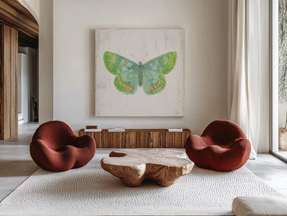 White Barn Butterflies II by Sue Schlabach. Shown as extra-large giant wall art in a modern living room. Available as an archival giclee rolled canvas, fine art paper, or poster print. SKU 31771a.