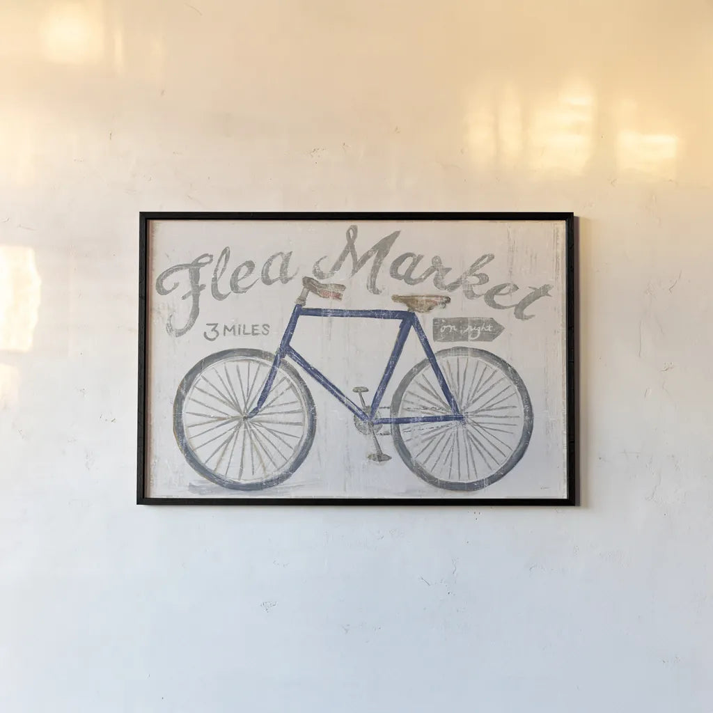 White Barn Flea Market I Blue Gray by Sue Schlabach. shown as a paper print in a black flame. Available as a archival giclee rolled canvas, fine art paper, or poster print. SKU 56465i.