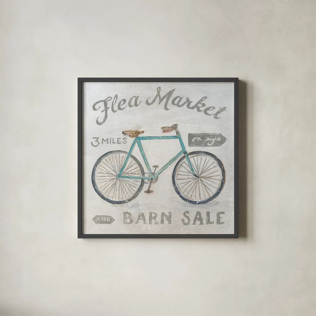 White Barn Flea Market IV by Sue Schlabach. Shown in a sleek black glass frame for a contemporary gallery look. Available as an archival giclee rolled canvas, fine art paper, or poster print. SKU 31784a.