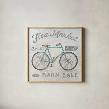 White Barn Flea Market IV by Sue Schlabach. Shown in a natural wood glass frame for a timeless modern aesthetic. Available as an archival giclee rolled canvas, fine art paper, or poster print. SKU 31784a.