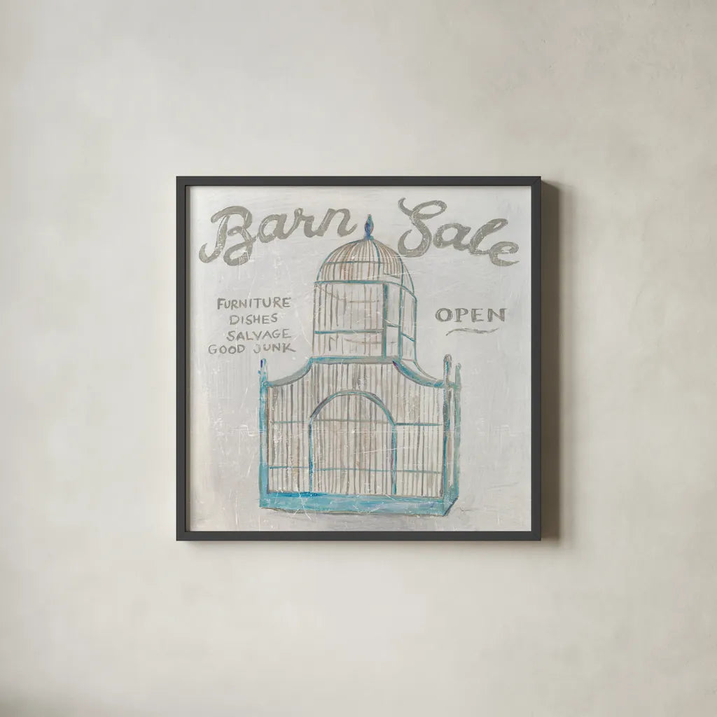 White Barn Flea Market V by Sue Schlabach. Shown in a sleek black glass frame for a contemporary gallery look. Available as an archival giclee rolled canvas, fine art paper, or poster print. SKU 31785a.