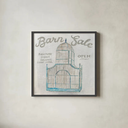 White Barn Flea Market V by Sue Schlabach. Shown in a sleek black glass frame for a contemporary gallery look. Available as an archival giclee rolled canvas, fine art paper, or poster print. SKU 31785a.