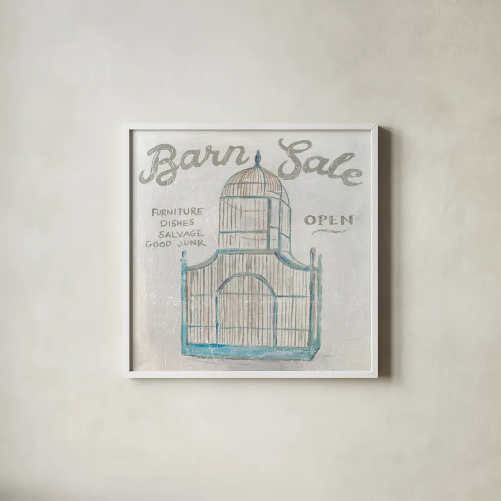 White Barn Flea Market V by Sue Schlabach. Shown in a crisp white glass frame for a clean and minimalist style. Available as an archival giclee rolled canvas, fine art paper, or poster print. SKU 31785a.