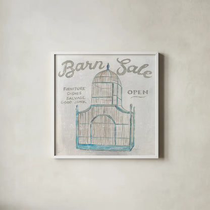 White Barn Flea Market V by Sue Schlabach. Shown in a crisp white glass frame for a clean and minimalist style. Available as an archival giclee rolled canvas, fine art paper, or poster print. SKU 31785a.