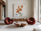 White Barn Flowers VII Sq by Sue Schlabach. Shown as extra-large giant wall art in a modern living room. Available as an archival giclee rolled canvas, fine art paper, or poster print. SKU 56517a.